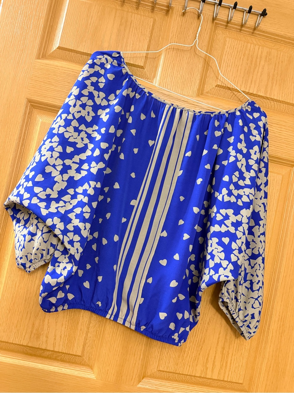 Express Royal Blue and White Printed Peasant Blouse - Picture 4 of 7